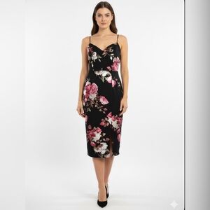 Sweet Storm Women’s Junior’s S Black and Pink Floral Midi Pencil Dress